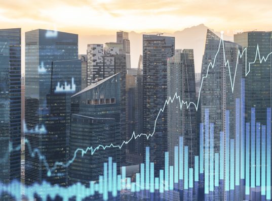 Market behavior graph hologram, sunset panoramic city view of Singapore, popular location to achieve financial degree in Southeast Asia. The concept of financial data analysis. Double exposure.